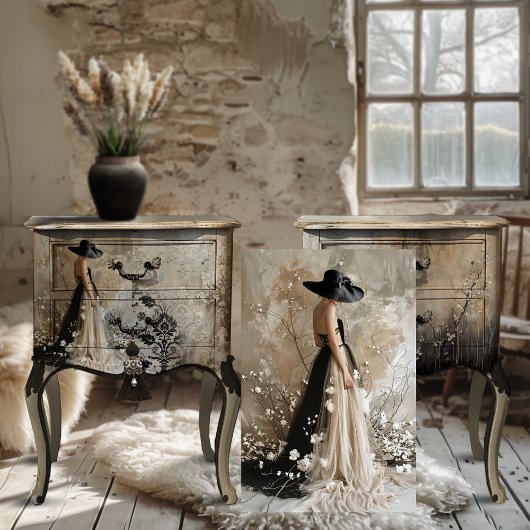 Zwart Stropdas, Elegant Vrouw Portret & Bloemen Tissuepapier