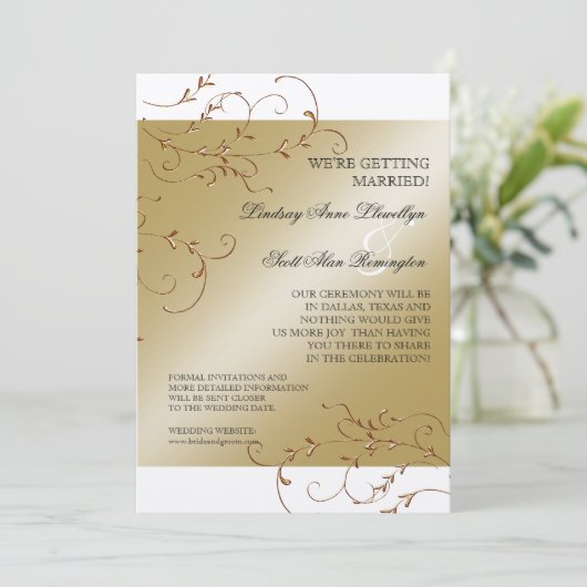Zwart Stropdas elegantie, Golden Save the Date Inv (Staand voorkant)