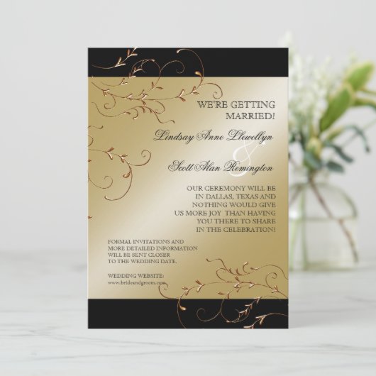 Zwart Stropdas elegantie, Golden Save the Date Inv Kaart (Staand voorkant)