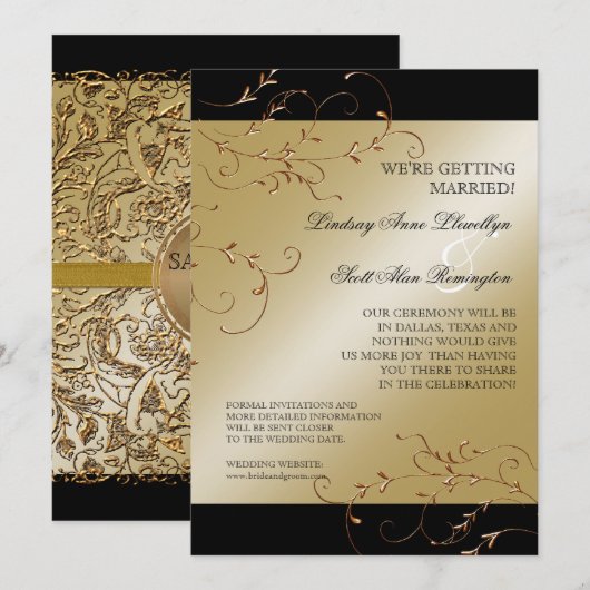 Zwart Stropdas elegantie, Golden Save the Date Inv Kaart (Voorkant / Achterkant)