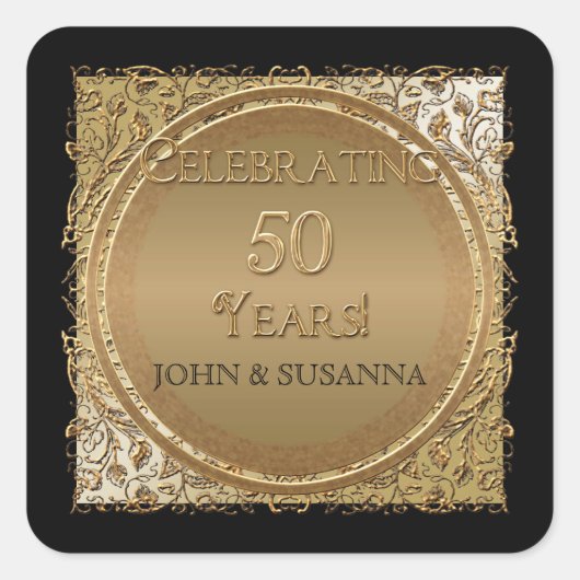 Zwart Stropdas Elegantie, Golden Wedding Jubileum Vierkante Sticker (Voorkant)