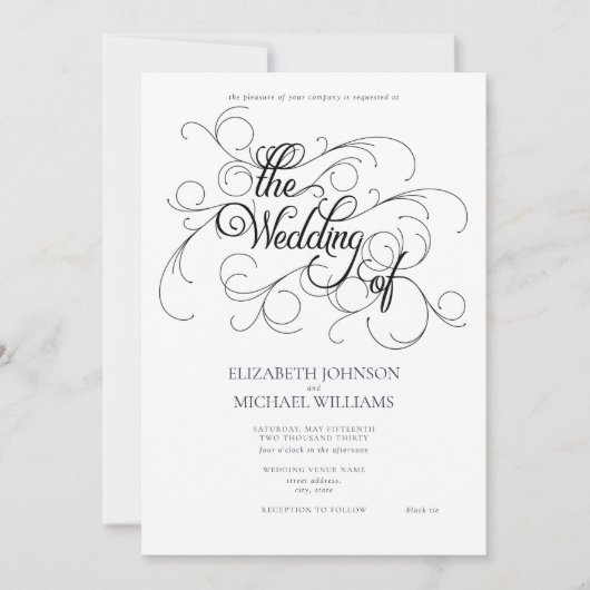 Zwart Stropdas met elegant zwart/wit script Inv Kaart (Voorkant)