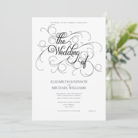 Zwart Stropdas met elegant zwart/wit script Inv Kaart (Staand voorkant)