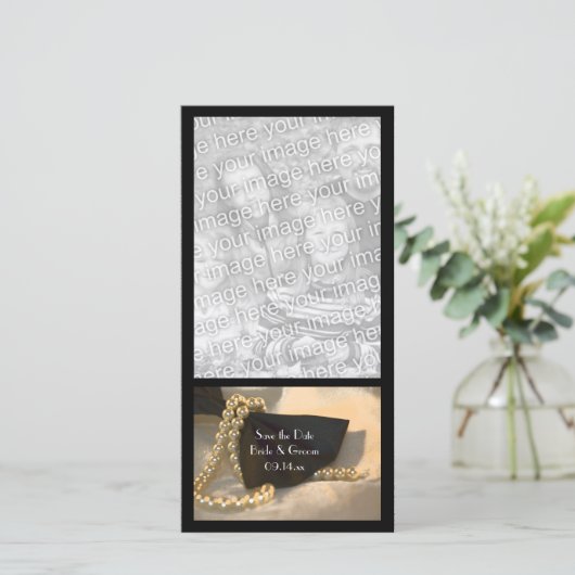 Zwart Stropdas Witte parels Weddenschap Bespaar de Save The Date (Staand voorkant)