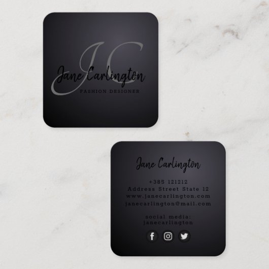 Zwart stuureffect modern monogram vierkante visitekaartje (Voorkant / Achterkant)