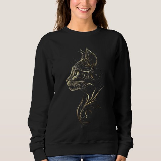 Zwart sweatshirt met Elegant Golden Cat Design (Voorkant)