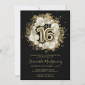 Zwart Sweet 16 gouden Waterverf ballonnen Kaart (Voorkant)