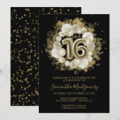 Zwart Sweet 16 gouden Waterverf ballonnen Kaart (Voorkant / Achterkant)