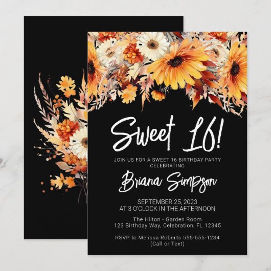 Zwart Sweet 16 Verjaardag Herfst Bloemen Kaart (Voorkant / Achterkant)