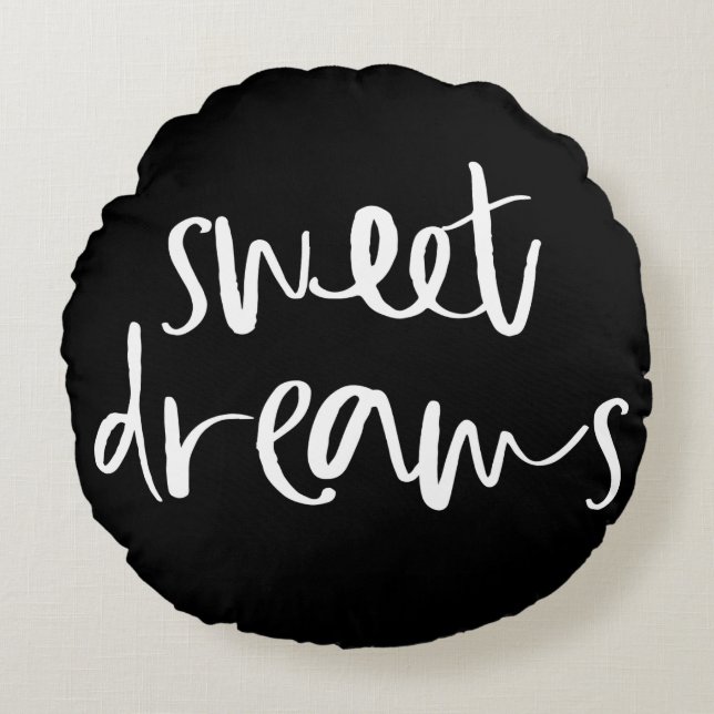 Zwart Sweet Dreams Hand Lettering Ronde Kussen (Voorkant)
