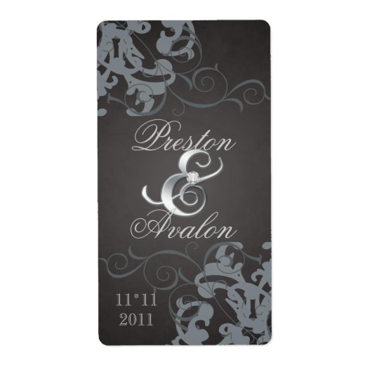 Zwart Swirl Silver Jeweled Wedding Wine Label (Voorkant)