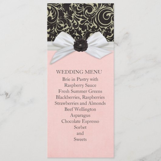 Zwart Swirls Bloemenlint Damask Bruiloft Menu (Voorkant)