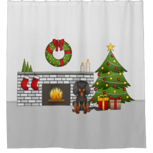 Zwart & Tan Cavalier-hond in een kerstkamer Douchegordijn