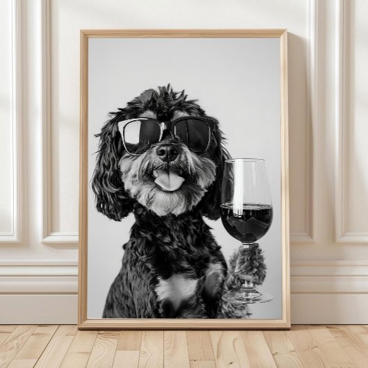Zwart & Tan Cavapoo Drinkt Wijn Muurkunst, Zwart Poster