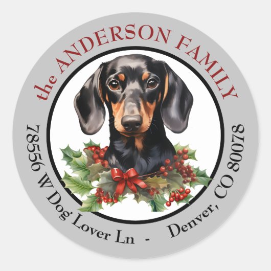 Zwart Tan Dachshund Hond Kerstmis Retouradres Ronde Sticker (Voorkant)