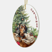 Zwart Tan Dachshund Hond Rieten Mand Kerstmis Keramisch Ornament (Links)