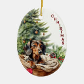 Zwart Tan Dachshund Hond Rieten Mand Kerstmis Keramisch Ornament (Voorkant)