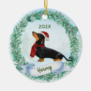 Zwart & Tan Dachshund Worst Hond Kerstkrans Keramisch Ornament