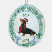 Zwart & Tan Dachshund Worst Hond Kerstkrans Keramisch Ornament (Links)