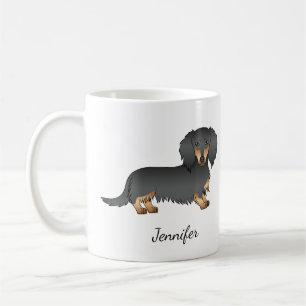 Zwart & Tan Langharige Dachshund Cartoon Hond & Na Koffiemok