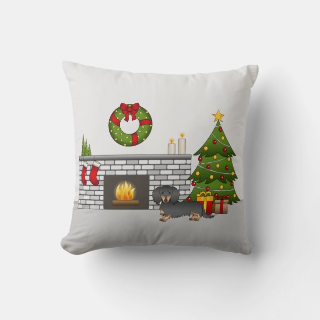 Zwart & Tan Langharige Dachshund - Kerst Kamer Kussen (Voorkant)