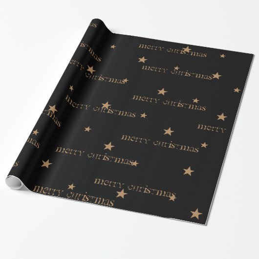 Zwart & Tan Merry Christmas Star Gift Wrap Cadeaupapier (Uitgerold)