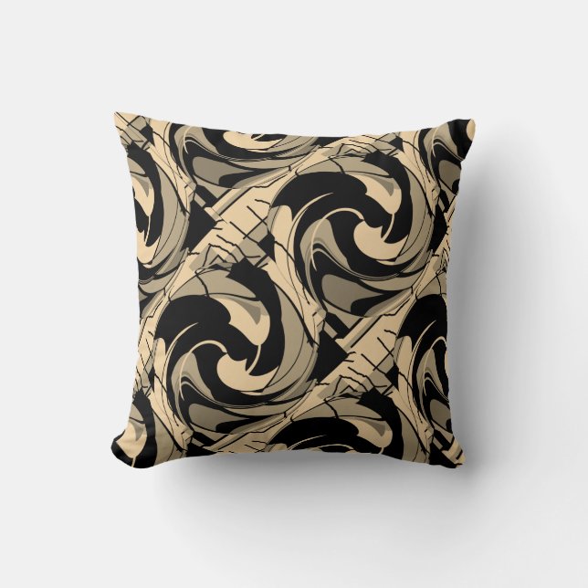 Zwart Tan Taupe Bruin Gekleurd Mediterraan Mozaïek Kussen (Voorkant)