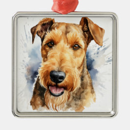 ZWART & TAN WATERCOLOR AIREDALE TERRIËR METALEN ORNAMENT