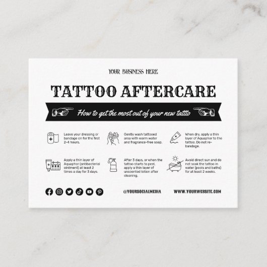 Zwart Tattoo Nazorg Kaart Sjabloon met Icon Visitekaartje (Voorkant)