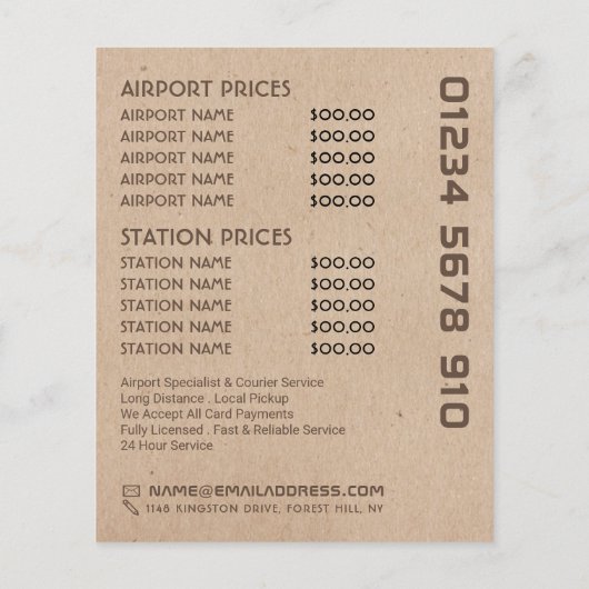Zwart Taxi Cab-logo, Kraftpapier-effect prijstabel Flyer (Achterkant)