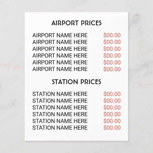 Zwart Taxi Logo, Taxibedrijf met Prijslijst Flyer (Achterkant)