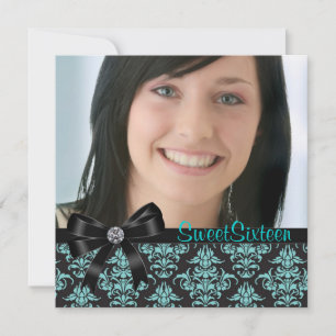 Zwart Teal Blauw Damast Foto Sweet Sixteen Feest Kaart