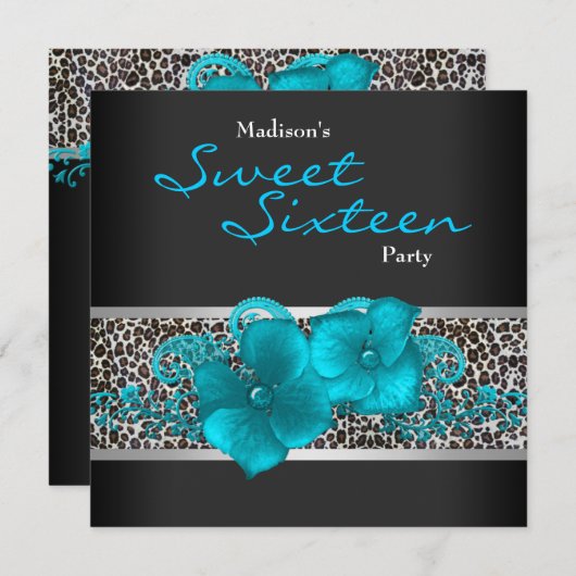 Zwart Teal Blauwe Luipaard Verjaardagsfeestje Kaart (Voorkant / Achterkant)