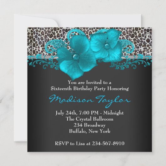 Zwart Teal Blauwe Luipaard Verjaardagsfeestje Kaart (Achterkant)
