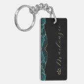 Zwart, Teal en Goud Elegant Script Persoonlijk Sleutelhanger (Voorkant Links)
