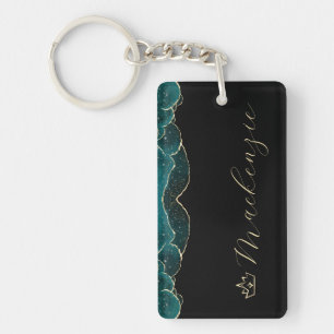 Zwart, Teal en Goud Elegant Script Persoonlijk Sleutelhanger
