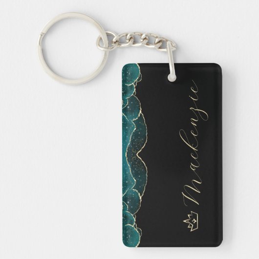 Zwart, Teal en Goud Elegant Script Persoonlijk Sleutelhanger (Voorkant)