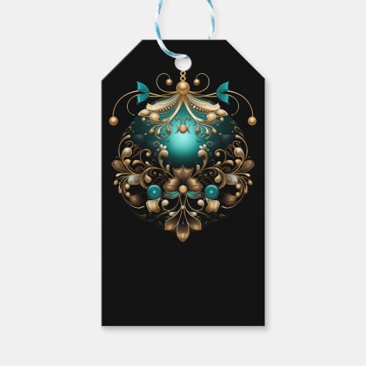 ZWART TEAL & GOUD KERSTORNAMENT CADEAULABEL (Voorkant)