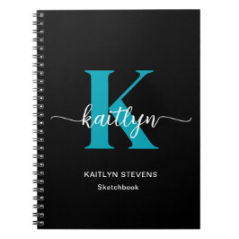 Zwart Teal Monogram Schetsboek Notitieboek