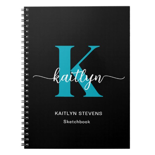 Zwart Teal Monogram Schetsboek Notitieboek (Voorkant)