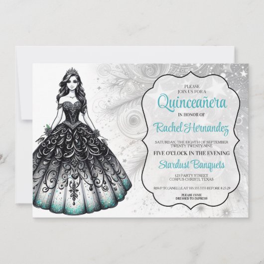 Zwart & Teal Quinceañera-meisje Kaart (Voorkant)