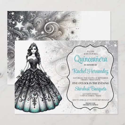 Zwart & Teal Quinceañera-meisje Kaart (Voorkant / Achterkant)