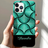 Zwart Teal Retro 1920s Gatsby Palmen Script Naam Case-Mate iPhone Case