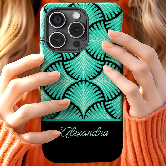 Zwart Teal Retro 1920s Gatsby Palmen Script Naam Case-Mate iPhone Case