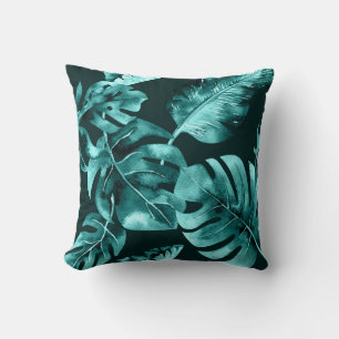 Zwart & Teal Tropisch Palmenblad Zomer Chic Kussen