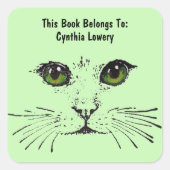 Zwart Tekeningskat Gezicht Grote ogen Lichtgroen Vierkante Sticker (Voorkant)