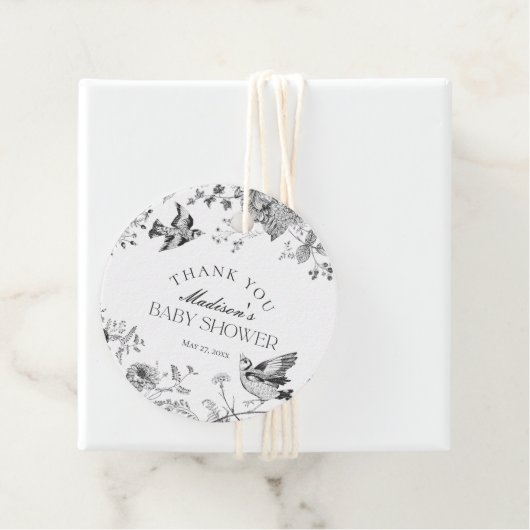 Zwart Toile Jouy  Bloemen Baby shower Favoriet Bedankjes Labels (In situ)
