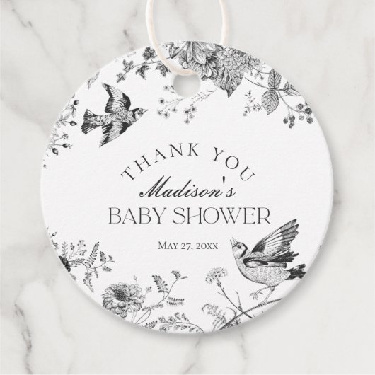 Zwart Toile Jouy Bloemen Baby shower Favoriet Bedankjes Labels (Voorkant)