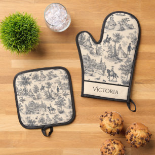 Zwart Toile Shabby Chic Gepersonaliseerd Ovenwant & Pannenlap Set