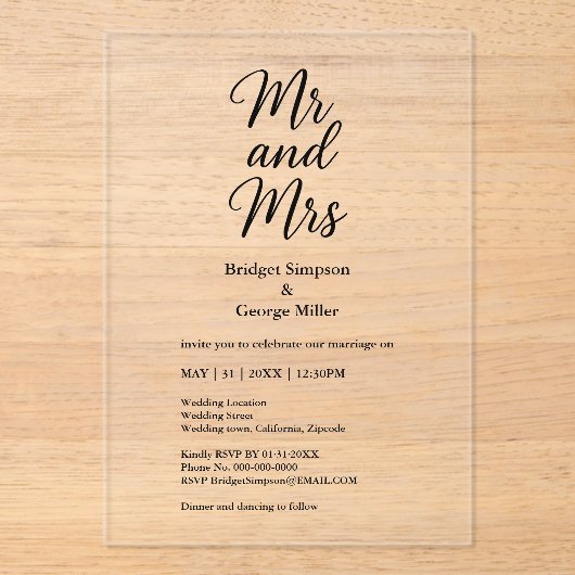zwart transparant heer en mevrouw Elegant Wedding Acryl Uitnodigingen (Voorkant)
